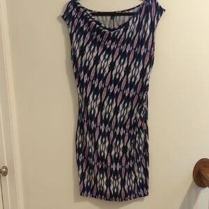 Ann Taylor Dress, Cowl Neck, Ruching, Elegant Blue & Purple Pattern, Large